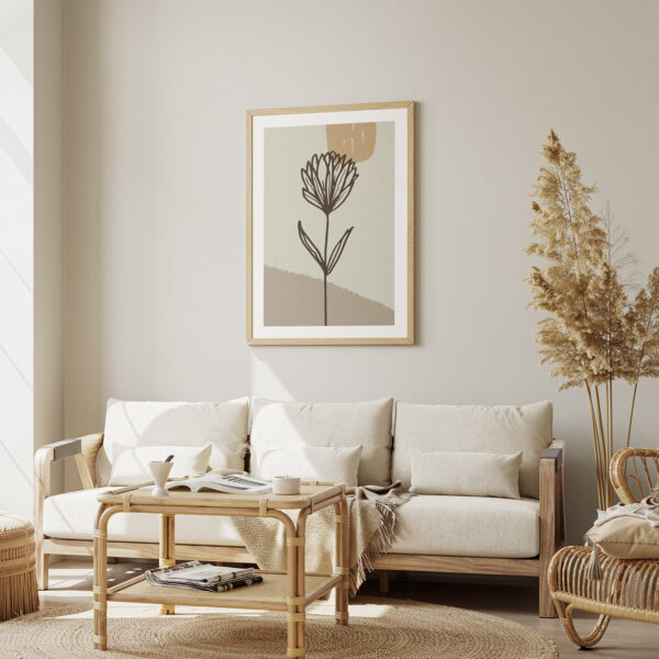 Lámina Botánica Minimalista de Flor – Arte Lineal en Tonos Mostaza y Gris - Imagen 2